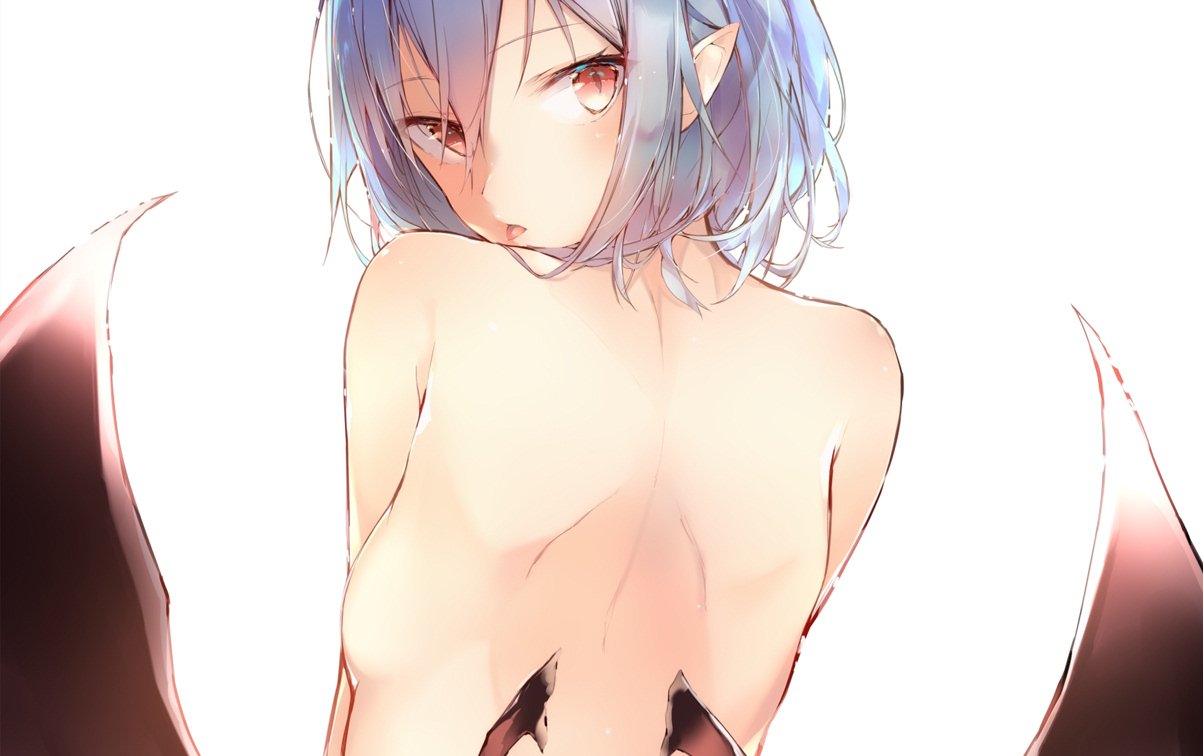 1girl :p bangs bat_wings blue_hair blush breasts commentary_request eyebrows_visible_through_hair from_behind hair_between_eyes looking_at_viewer looking_back no_hat no_headwear nude pointy_ears red_eyes remilia_scarlet sakusyo short_hair sidelocks simple_background slit_pupils small_breasts solo tongue tongue_out touhou upper_body white_background wings