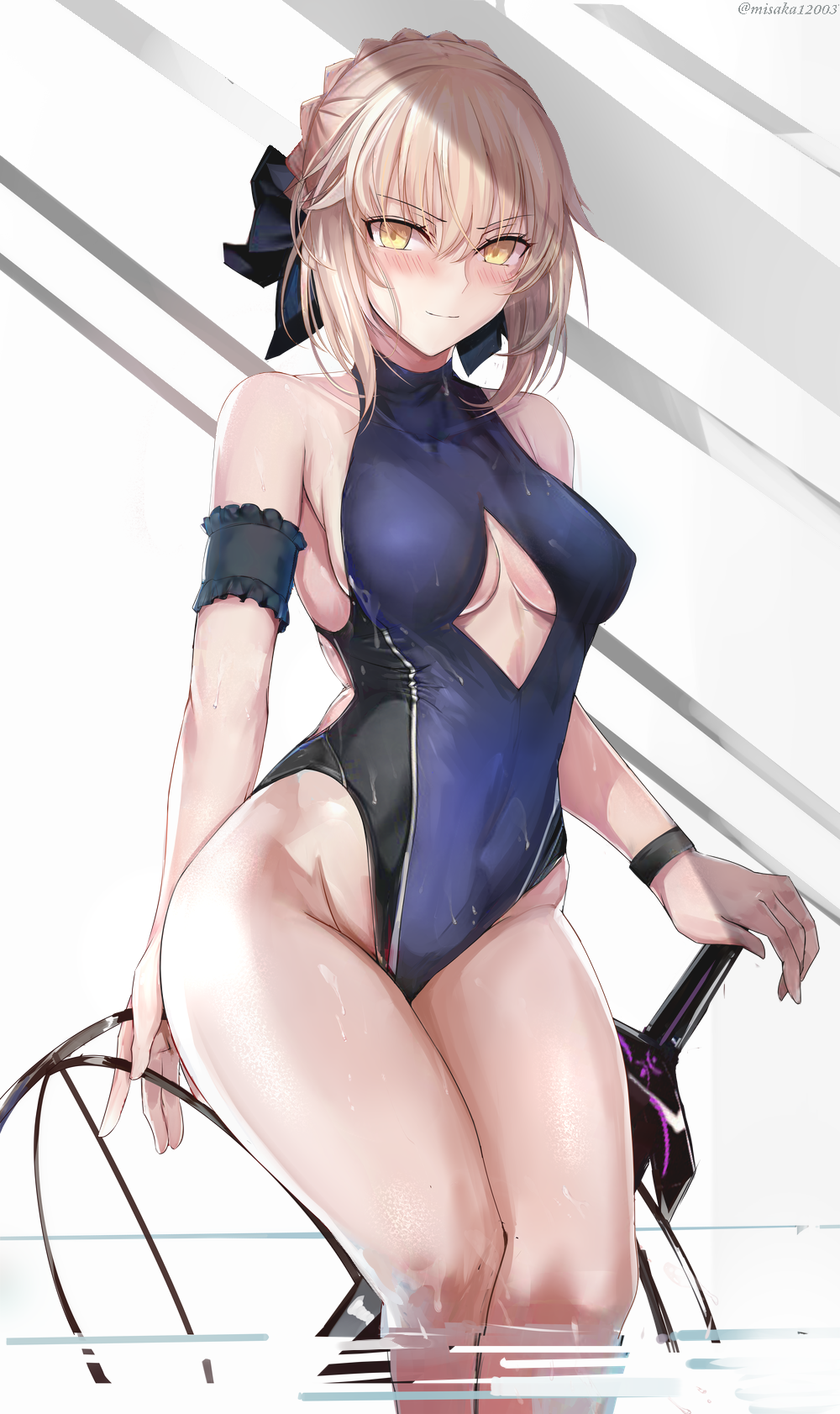 1girl ahoge arm_support artoria_pendragon_(all) bangs blonde_hair blush breasts center_opening commentary_request competition_swimsuit dark_excalibur eyebrows_visible_through_hair fate/grand_order fate/stay_night fate_(series) groin hair_ribbon hand_on_hilt highres long_hair looking_at_viewer medium_breasts misako12003 one-piece_swimsuit ribbon saber_alter sitting skindentation solo swimsuit sword thighs twitter_username wading weapon wet yellow_eyes