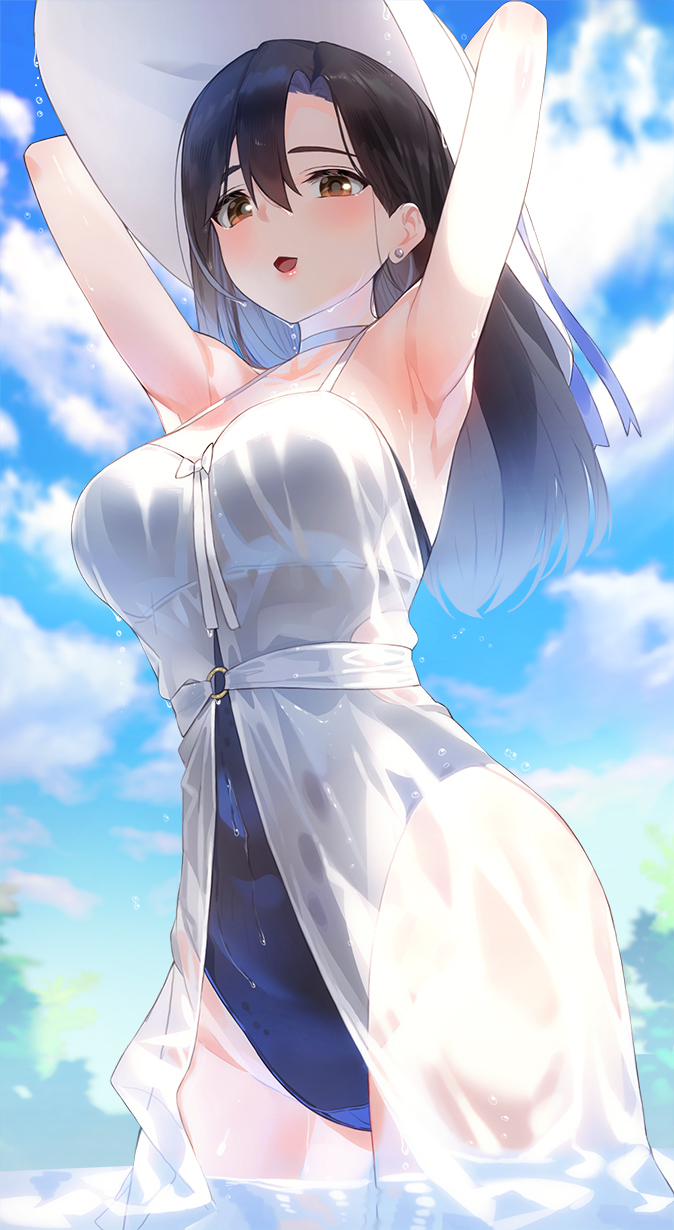 1girl :d armpits arms_behind_head arms_up bare_arms bare_shoulders black_hair blue_sky blue_swimsuit breasts brown_eyes choker clouds cloudy_sky day dress earrings hair_between_eyes hat highres jewelry kfr large_breasts long_hair looking_at_viewer one-piece_swimsuit open_mouth original outdoors see-through sky sleeveless sleeveless_dress smile solo standing sun_hat swimsuit thighs wading water wet white_choker white_dress white_headwear