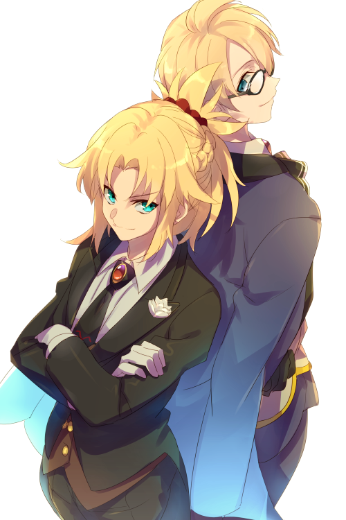 1boy 1girl alternate_costume back-to-back black_neckwear blonde_hair braid cis05 commentary_request crossed_arms fate/apocrypha fate/grand_order fate/prototype fate/prototype:_fragments_of_blue_and_silver fate_(series) flower formal french_braid glasses gloves green_eyes hair_between_eyes hair_ornament heroic_spirit_formal_dress jacket jacket_on_shoulders jekyll_and_hyde_(fate) looking_at_another looking_at_viewer mordred_(fate) mordred_(fate)_(all) necktie ponytail shirt short_hair simple_background smile suit white_background white_flower white_gloves white_shirt