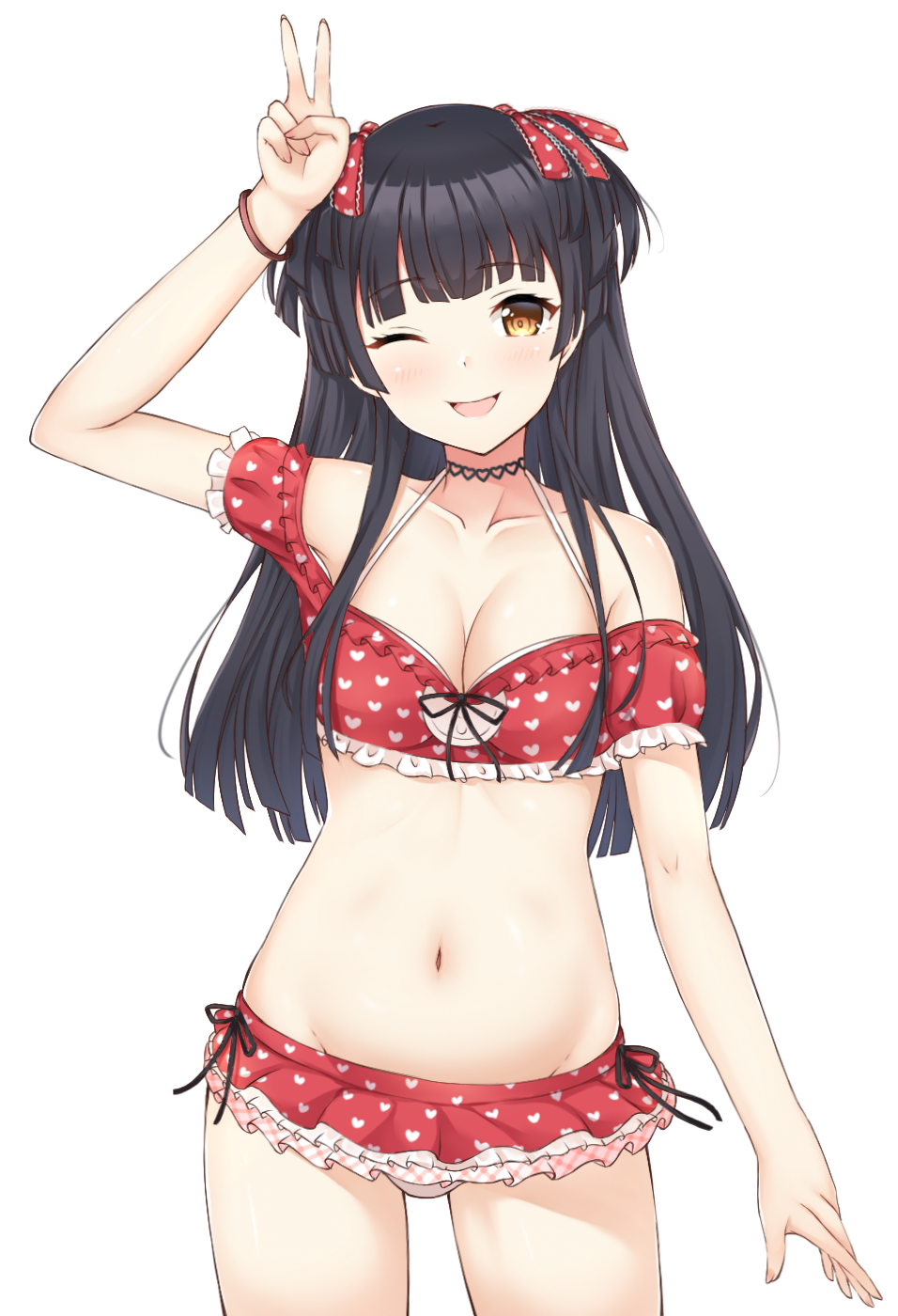 1girl ;d arm_up bangs bikini black_hair black_ribbon blush brown_eyes commentary_request eyebrows_visible_through_hair fingernails groin heart heart_print highres idolmaster idolmaster_shiny_colors long_hair looking_at_viewer mayuzumi_fuyuko navel off_shoulder one_eye_closed open_mouth print_bikini puffy_short_sleeves puffy_sleeves red_bikini ribbon seventeen_(st17215) short_sleeves simple_background smile solo stomach swimsuit thighs two_side_up v white_background