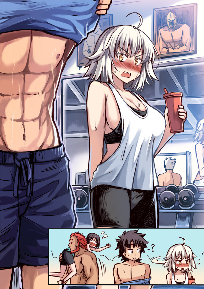 1girl 4boys abs alexander_(fate/grand_order) archer bangs beard breasts carrying carrying_over_shoulder commentary dumbbell english_commentary facial_hair fate/grand_order fate_(series) flustered fujimaru_ritsuka_(male) gym gym_shorts hetero jeanne_d'arc_(alter)_(fate) jeanne_d'arc_(fate)_(all) large_breasts mirror multiple_boys muscle peach_(momozen) pectorals redhead rider_(fate/zero) shirt_lift shirtless short_hair shorts silver_hair sports_bra sportswear tank_top tsurime undressing waver_velvet yellow_eyes