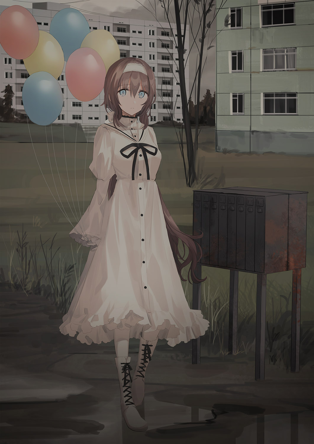 1girl balloon bangs bare_tree blue_eyes blush boots brown_hair building chihuri closed_mouth clouds cloudy_sky cross-laced_footwear dress eyebrows_visible_through_hair gloves grass hair_between_eyes hairband highres holding holding_balloon juliet_sleeves lace-up_boots long_hair long_sleeves looking_at_viewer original outdoors overcast pantyhose puddle puffy_sleeves sky sleeves_past_wrists solo standing tree very_long_hair water white_dress white_footwear white_gloves white_hairband white_legwear window