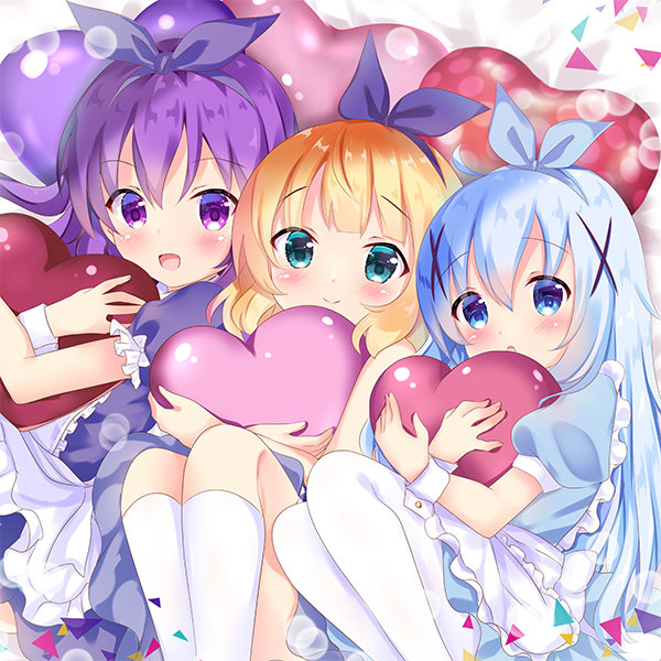 3girls :d :o apron bed_sheet blonde_hair blue_dress blue_eyes blue_hair blue_ribbon blush closed_mouth commentary_request dress frilled_apron frills gochuumon_wa_usagi_desu_ka? hair_ornament hair_ribbon heart kafuu_chino kirima_sharo kneehighs knees_up long_hair lying matching_outfit multiple_girls object_hug on_back open_mouth pantyhose parted_lips puffy_short_sleeves puffy_sleeves purple_dress purple_hair purple_ribbon ribbon rikatan short_sleeves smile tedeza_rize very_long_hair violet_eyes white_apron white_legwear x_hair_ornament