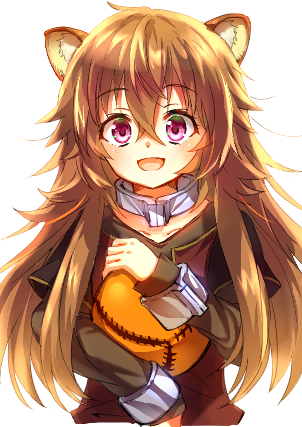 1girl :d animal_ears ball brown_hair collar collarbone cuffs curly_hair eyebrows_visible_through_hair floating_hair grey_shirt hair_between_eyes handcuffs highres holding holding_ball long_hair long_sleeves looking_at_viewer open_mouth raccoon_ears raccoon_girl raphtalia red_eyes shirt short_over_long_sleeves short_sleeves simple_background smile solo tate_no_yuusha_no_nariagari upper_body user_dznz5583 very_long_hair white_background