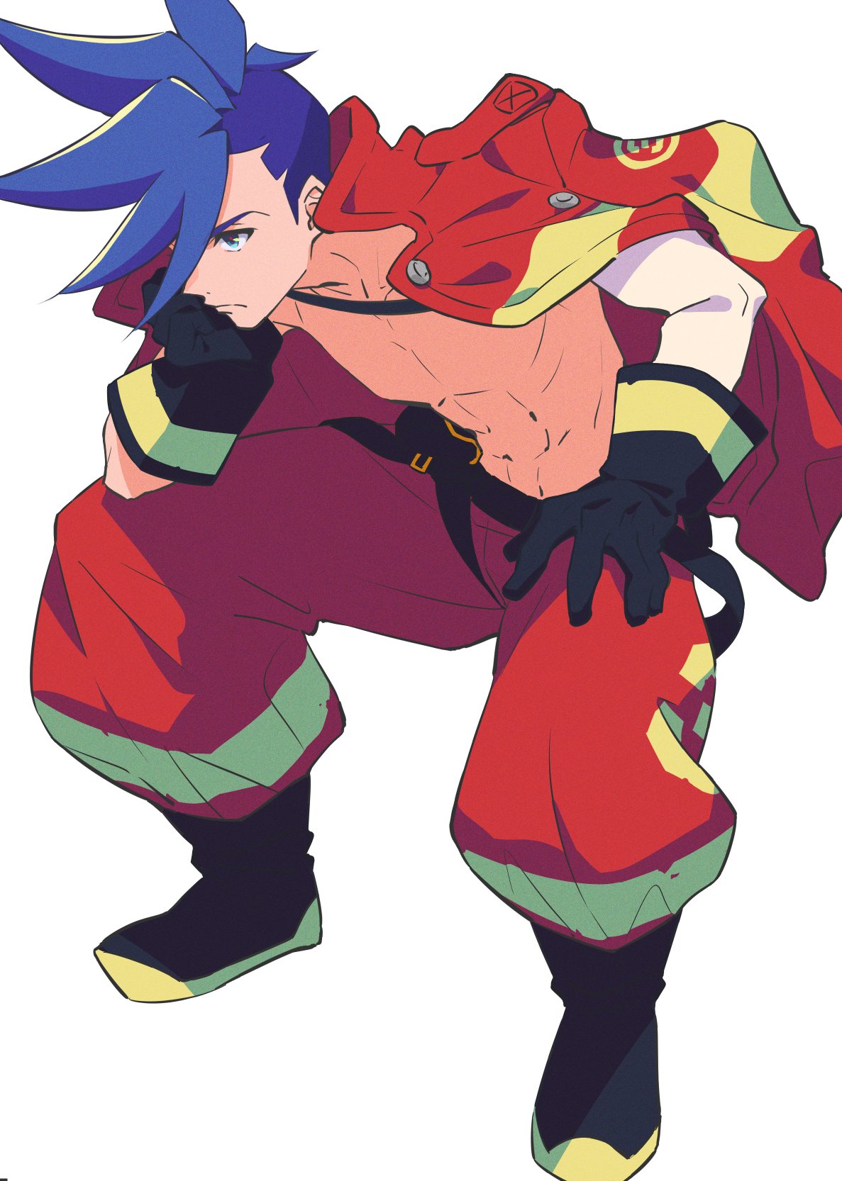 baggy_pants black_gloves blue_eyes blue_hair chest galo_thymos gloves highres jacket jacket_on_shoulders male_focus pants promare rew241 shirtless spiky_hair