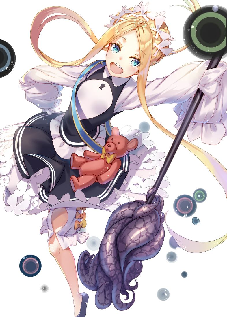 1girl :d abigail_williams_(fate/grand_order) bangs black_dress black_footwear blonde_hair bloomers blue_eyes blush braid butterfly_hair_ornament commentary_request dress eyebrows_visible_through_hair fate/grand_order fate_(series) forehead hair_ornament holding keyhole long_hair long_sleeves open_mouth parted_bangs renka_(renkas) round_teeth shirt shoes sidelocks simple_background sleeveless sleeveless_dress sleeves_past_fingers sleeves_past_wrists smile solo stuffed_animal stuffed_toy teddy_bear teeth tentacles underwear upper_teeth very_long_hair white_background white_bloomers white_shirt