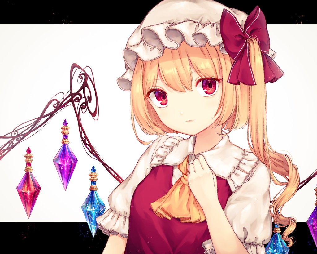 1girl blonde_hair bow chiyu_(kumataro0x0) closed_mouth eyebrows_visible_through_hair flandre_scarlet hair_between_eyes hair_bow hat red_bow red_eyes shiny shiny_hair short_hair_with_long_locks short_sleeves side_ponytail solo touhou upper_body white_background white_headwear wings yellow_neckwear