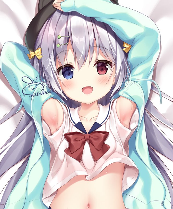 1girl :d aqua_jacket armpits arms_up bed_sheet black_headwear blue_eyes blush bow bowtie collarbone commentary_request crop_top drawstring futaba_miwa hair_bow hair_ornament hairclip heterochromia jacket long_hair long_sleeves looking_at_viewer lying midriff navel on_back open_clothes open_jacket open_mouth original red_bow red_eyes sailor_collar shirt short_sleeves signature silver_hair smile solo upper_body white_shirt