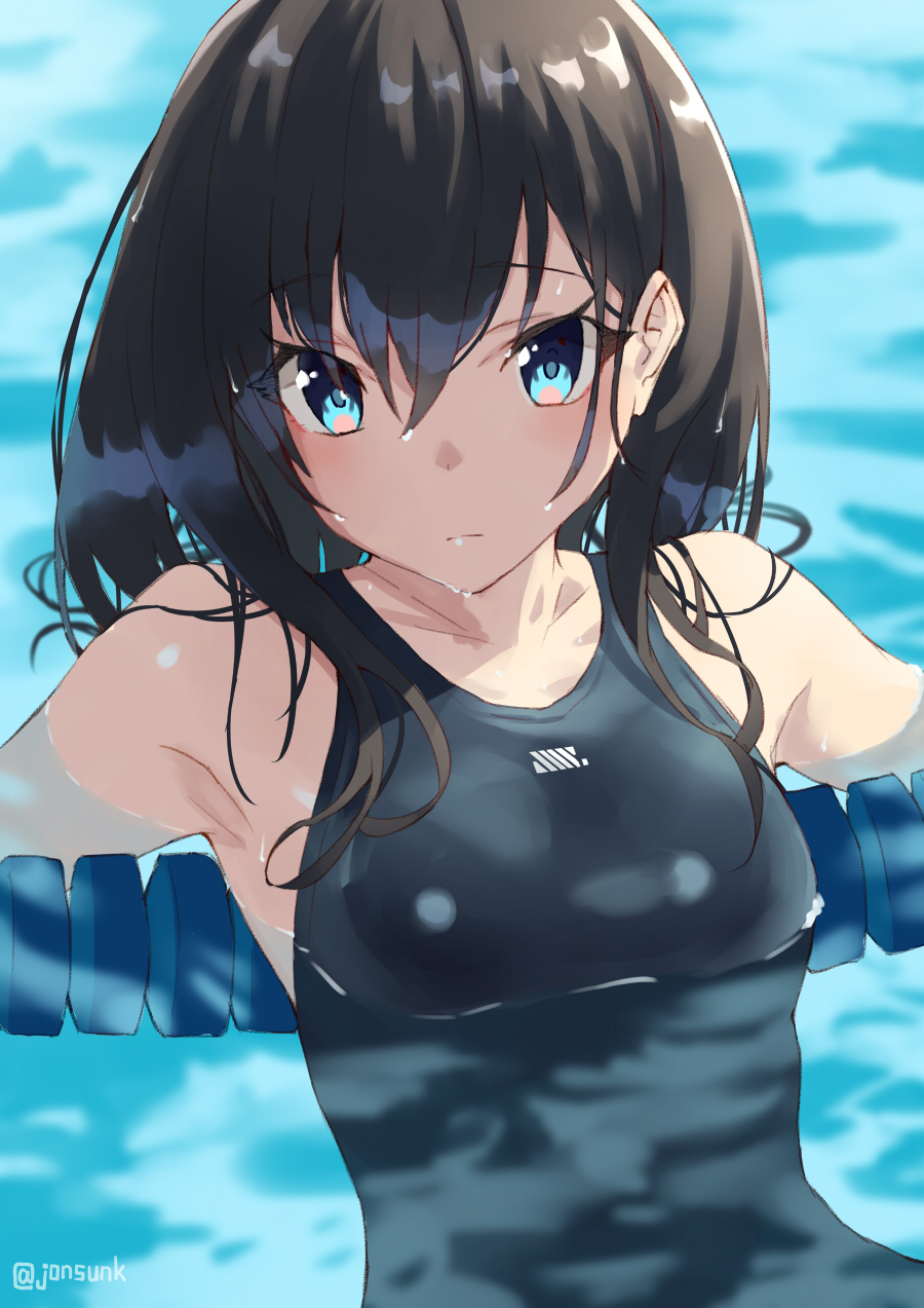 1girl black_hair blue_eyes breasts commentary_request eyebrows_visible_through_hair hair_between_eyes highres jonsun long_hair looking_at_viewer medium_breasts partially_submerged pool school_swimsuit solo ssss.gridman swimsuit takarada_rikka upper_body