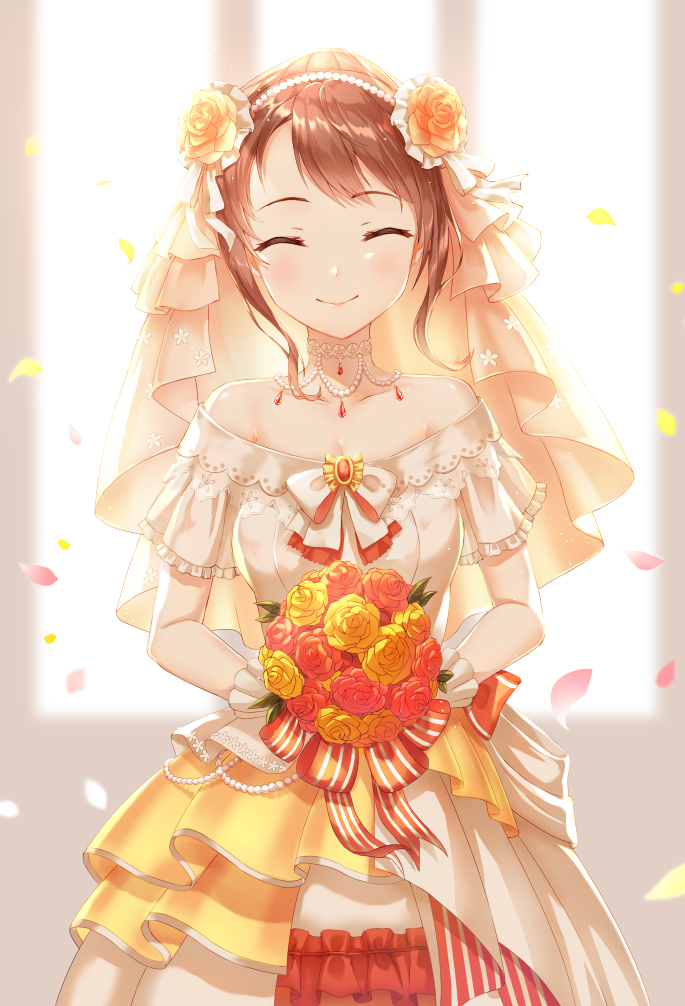 1girl bang_dream! bangs bare_shoulders breasts bridal_veil brown_hair closed_eyes closed_mouth dress eyebrows_visible_through_hair flower gloves hair_flower hair_ornament hands_together holding holding_flower jewelry looking_at_viewer lunacle necklace petals short_sleeves small_breasts smile solo swept_bangs toyama_kasumi veil violet_eyes white_dress