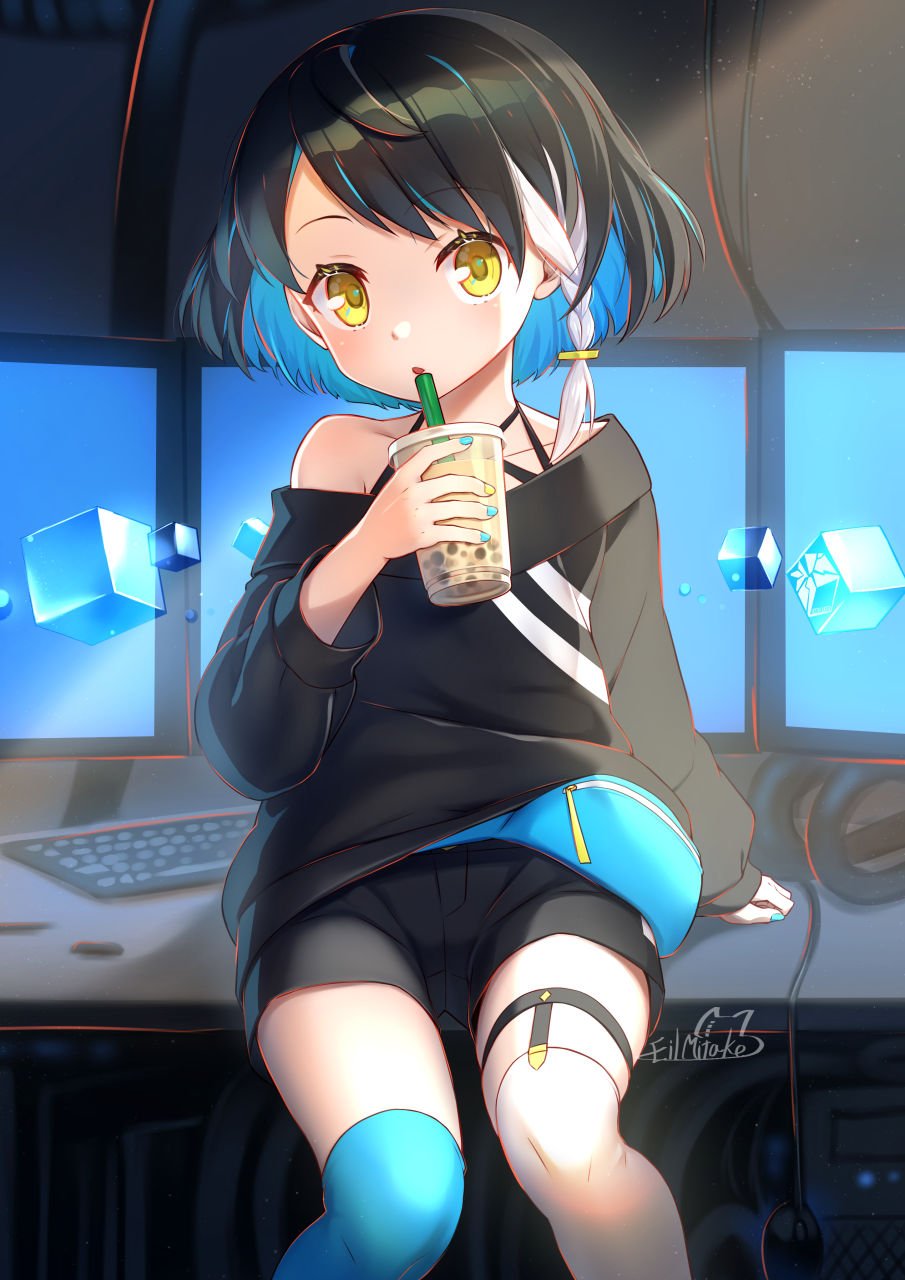 1girl asymmetrical_legwear belt_pouch braid bubble_tea desk drinking_straw headphones headphones_removed highres mitake_eiru monitor mouse_(computer) multicolored_hair on_desk original pouch shorts sitting sitting_on_desk two-sided_hair yellow_eyes