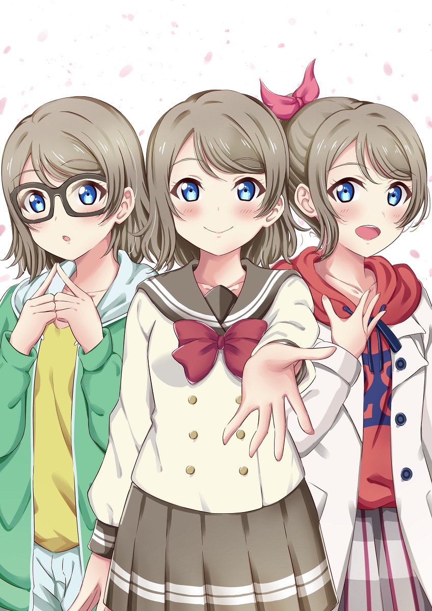 3girls :o asymmetrical_hair bangs bespectacled blue_eyes blush brown_skirt coat collarbone commentary_request fingers_together glasses hair_ribbon hood hood_down hoodie light_brown_hair love_live! love_live!_school_idol_project love_live!_sunshine!! multiple_girls multiple_persona outstretched_hand petals pleated_skirt red_shirt reminiscence202 ribbon school_uniform serafuku shirt short_hair simple_background skirt smile swept_bangs watanabe_you white_background winter_clothes winter_coat yellow_shirt