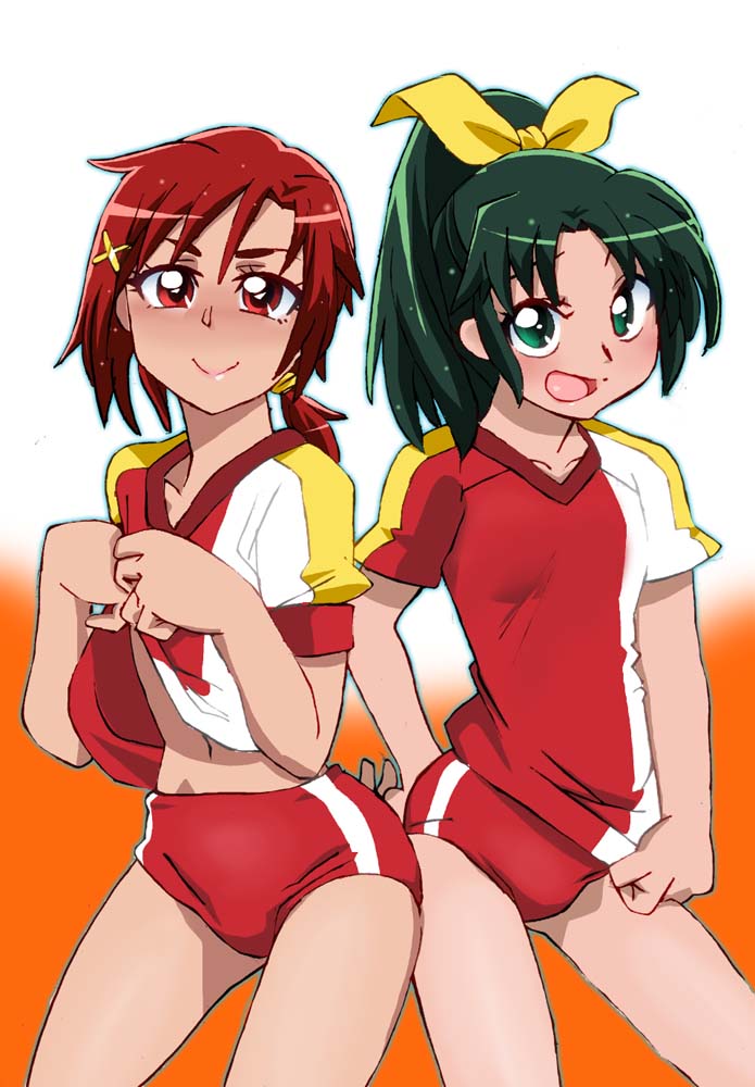 2girls blush buruma closed_mouth commentary_request graphite_(medium) green_eyes green_hair hair_ornament hino_akane_(smile_precure!) long_hair looking_at_viewer midorikawa_nao millipen_(medium) multiple_girls onnaski open_mouth ponytail precure red_eyes redhead shirt_lift shirt_pull short_hair smile smile_precure! traditional_media