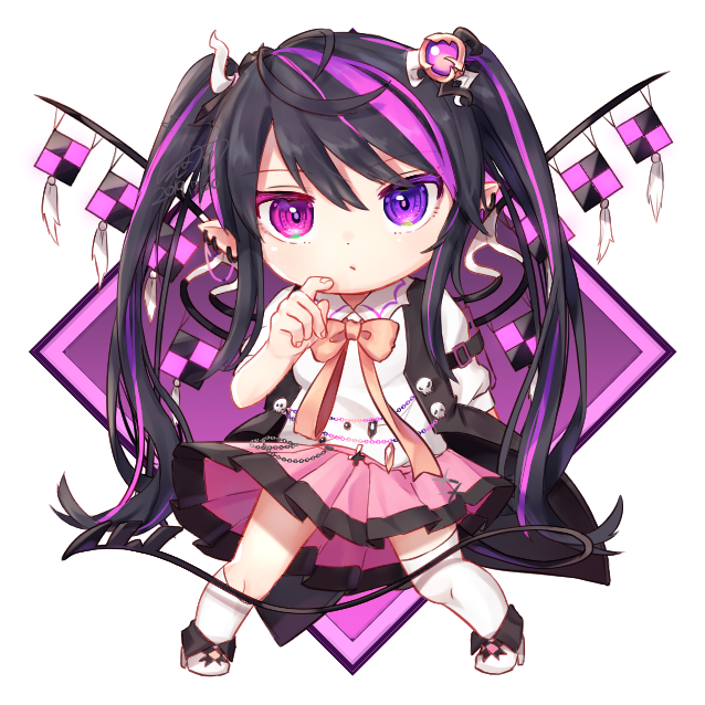 1girl arm_belt asymmetrical_legwear black_hair blue_eyes chain chibi finger_to_face flag gunjou_row hair_ornament heterochromia high_heels kneehighs legs_apart looking_at_viewer multicolored_hair original pink_neckwear pink_ribbon pink_skirt pleated_skirt puffy_short_sleeves puffy_sleeves purple_background ribbon shirt short_hair_with_long_locks short_sleeves sidelocks simple_background single_kneehigh single_thighhigh skirt sleeveless_coat solo streaked_hair thigh-highs twintails two-tone_background violet_eyes white_background white_footwear white_legwear white_shirt wings