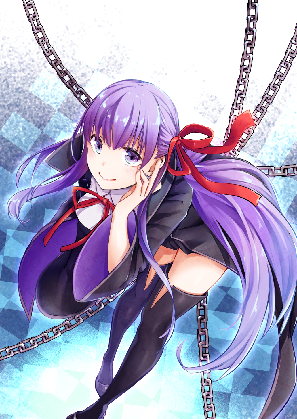 1girl bangs bb_(fate)_(all) bb_(fate/extra_ccc) bent_over black_footwear boots closed_mouth collared_shirt fate/extra fate/extra_ccc fate_(series) floating_hair hair_ribbon highres long_hair neck_ribbon purple_hair red_ribbon ribbon shiny shiny_hair shirt smile solo thigh-highs thigh_boots very_long_hair violet_eyes white_background wing_collar yukino030yu_ri zettai_ryouiki