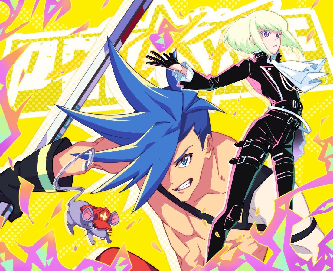 2boys black_gloves black_jacket blue_eyes blue_hair chest con_potata cravat fire galo_thymos gloves green_hair jacket lio_fotia male_focus mouse multiple_boys outstretched_hand pants promare shirtless smile spiky_hair vinny_(promare)