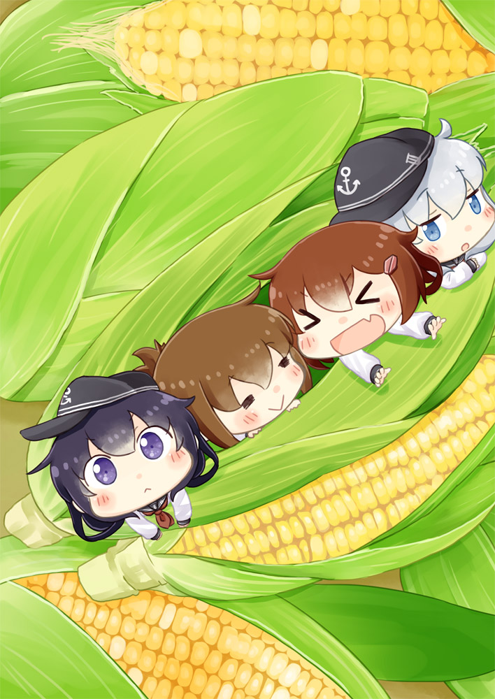 &gt;_&lt; 4girls :&lt; :o =v= akatsuki_(kantai_collection) anchor_symbol blue_eyes brown_hair chibi commentary_request corn fang flat_cap food hair_between_eyes hair_ornament hairclip hat hibiki_(kantai_collection) hinata_yuu ikazuchi_(kantai_collection) inazuma_(kantai_collection) kantai_collection long_hair long_sleeves multiple_girls neckerchief purple_hair school_uniform silver_hair violet_eyes