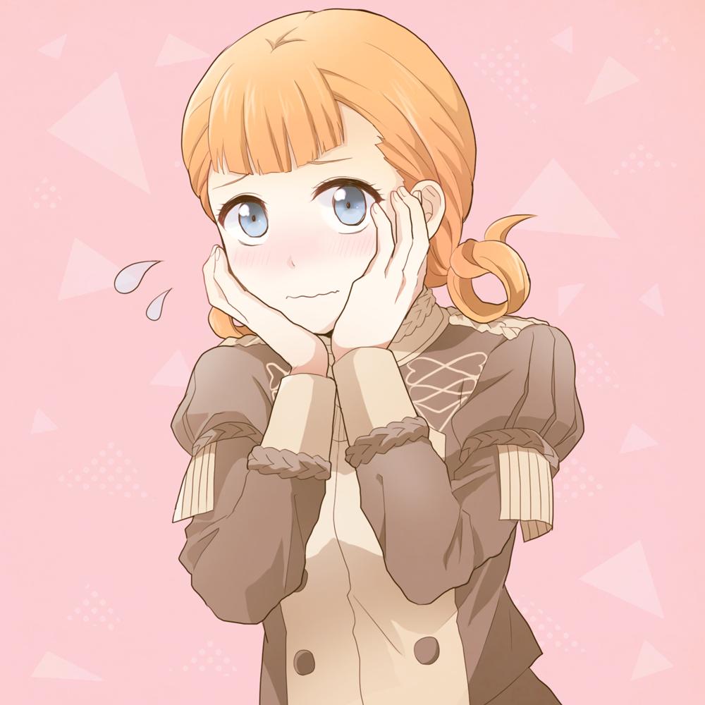 1girl annette_fantine_dominique blue_eyes blush closed_mouth epaulettes fire_emblem fire_emblem:_three_houses hands_on_own_cheeks hands_on_own_face long_sleeves orange_hair shimizu_feaka solo uniform upper_body wavy_mouth