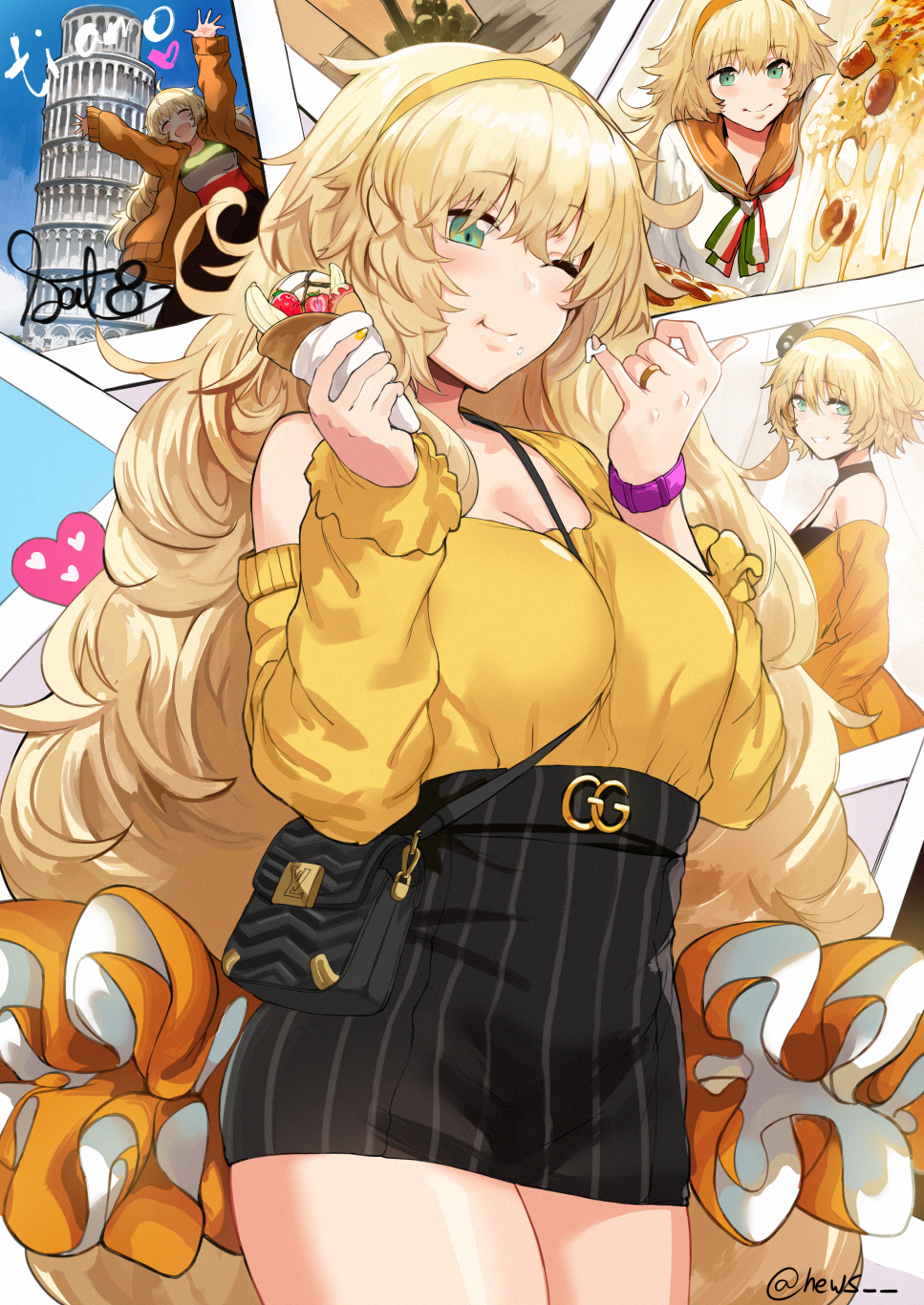 1girl :d ;) ^_^ alternate_hair_length alternate_hairstyle arms_up bag bangs between_breasts black_skirt blonde_hair blush breasts casual character_name closed_eyes commentary cowboy_shot crepe day eating eyebrows_visible_through_hair flower food girls_frontline green_eyes grin hair_between_eyes hair_ornament hair_scrunchie hairband hews_hack high-waist_skirt highres holding holding_food italian_flag italian_flag_neckwear italy jewelry leaning_tower_of_pisa long_hair looking_at_viewer messy_hair multiple_views one_eye_closed open_mouth orange_scrunchie pencil_skirt photo_(object) pizza plant potted_plant ring s.a.t.8_(girls_frontline) scrunchie shirt short_hair shoulder_bag sidelocks skirt smile storefront strap_between_breasts sweater twitter_username very_long_hair watch watch wedding_band white_shirt yellow_flower yellow_hairband yellow_sweater