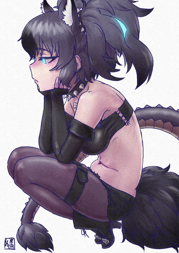 1girl animal_ear_fluff animal_ears bare_shoulders black_footwear black_gloves black_hair black_legwear black_shorts black_tubetop blue_eyes boots breasts cerberus_(kemono_friends) chin_rest collar commentary cutoffs dog_ears elbow_gloves extra_ears fingerless_gloves frown full_body gloves glowing glowing_eyes high_heel_boots high_heels kemono_friends kishida_shiki legwear_under_shorts looking_at_viewer medium_breasts navel pantyhose profile short_hair short_shorts shorts simple_background sitting solo spiked_collar spikes squatting strapless tail thigh_strap tiptoes tubetop twintails white_background