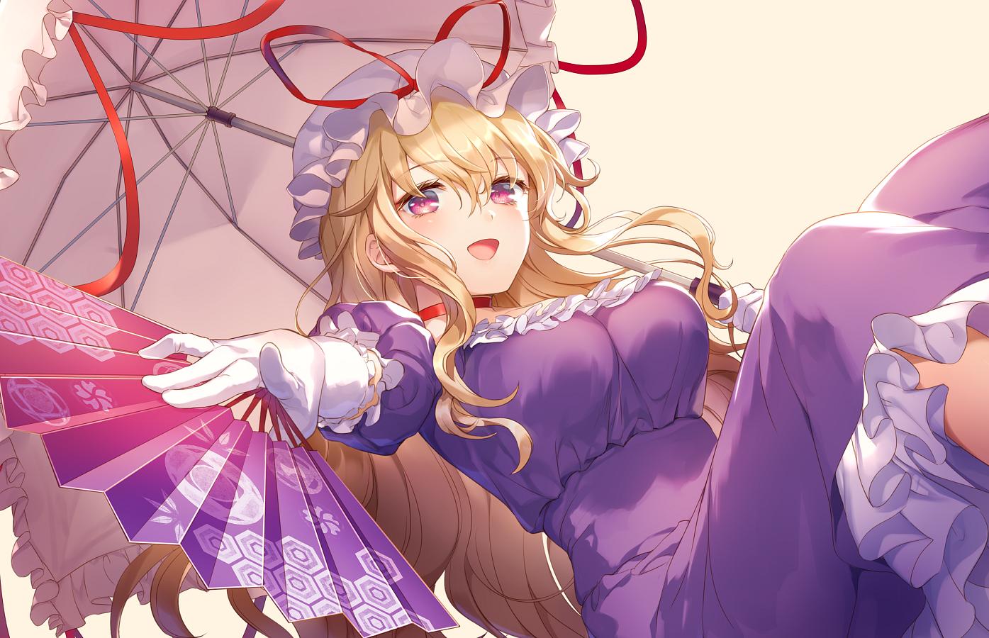 1girl :d bangs blonde_hair blush breasts choker commentary_request dress elbow_gloves eyebrows_visible_through_hair fan feet_out_of_frame folding_fan frills gloves hair_between_eyes hat hat_ribbon holding holding_fan holding_umbrella kikugetsu large_breasts looking_at_viewer mob_cap open_mouth petticoat puffy_short_sleeves puffy_sleeves purple_dress red_choker red_ribbon ribbon short_sleeves sidelocks smile solo touhou umbrella violet_eyes white_gloves white_headwear yakumo_yukari