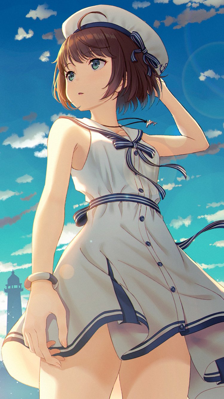 1girl ahoge aqua_eyes arm_up bare_arms bare_shoulders blue_neckwear blue_sky breasts brown_hair buttons clouds collarbone cowboy_shot day dress hat highres hyuuga_azuri jewelry lighthouse looking_away neck_ribbon necklace original parted_lips ribbon sailor_collar sailor_dress sailor_hat short_hair silhouette sky sleeveless sleeveless_dress small_breasts solo standing thighs white_dress white_headwear white_sailor_collar wristband
