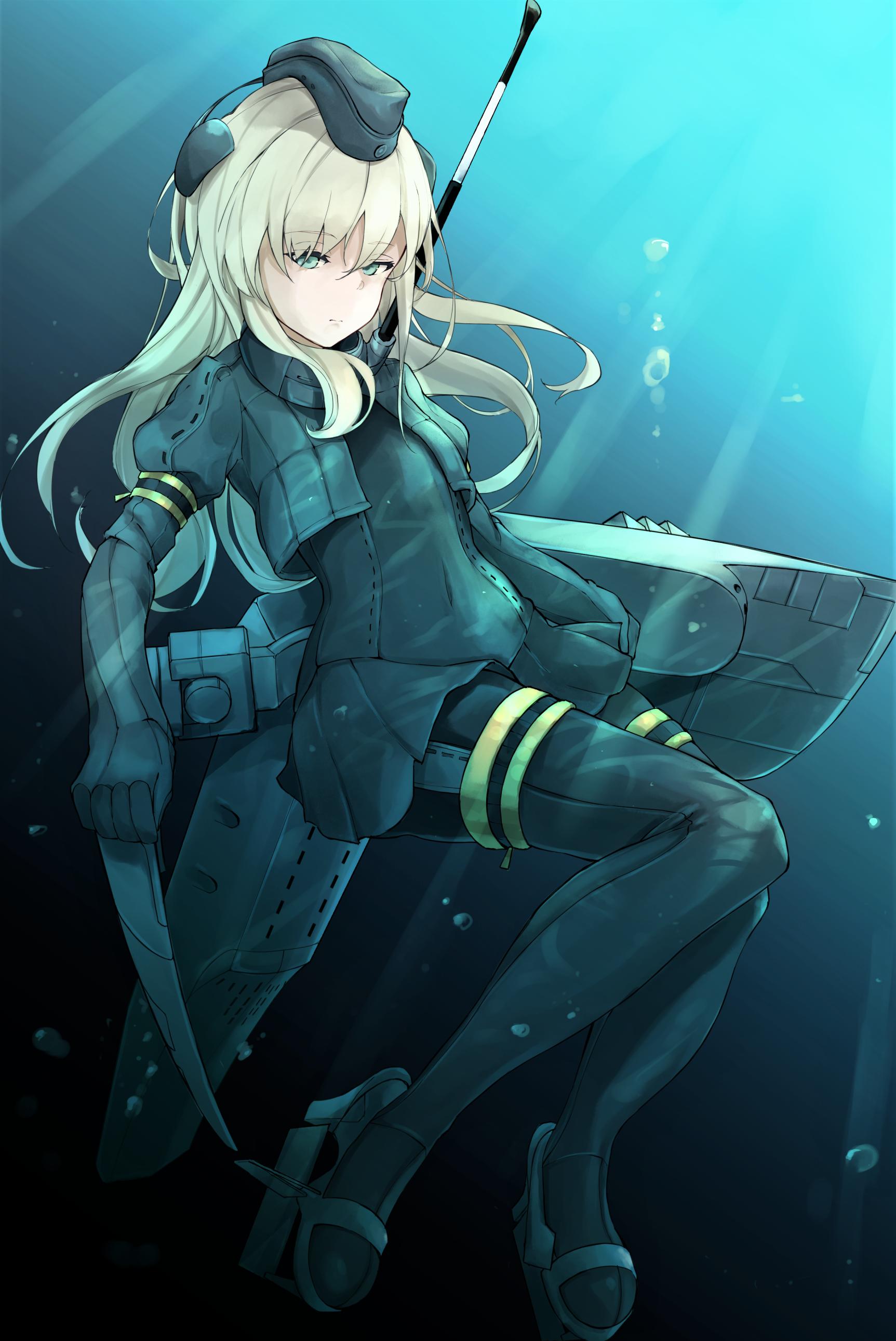 1girl absurdres bangs blonde_hair blue_eyes closed_mouth commentary cropped_jacket eyebrows_visible_through_hair full_body garrison_cap gloves hat headgear highres kantai_collection kumanoko long_hair long_sleeves military puffy_long_sleeves puffy_sleeves rigging solo swimsuit swimsuit_under_clothes u-511_(kantai_collection) underwater water