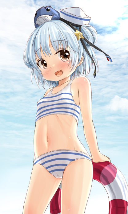 1girl :d bangs bare_arms bare_shoulders bikini black_ribbon blue_hair blue_sky blush breasts brown_eyes clouds cloudy_sky commentary_request day double_bun eyebrows_visible_through_hair fang hair_ornament hat innertube inyucchi kantai_collection looking_at_viewer mini_hat navel open_mouth outdoors ribbon sailor_hat samuel_b._roberts_(kantai_collection) sky small_breasts smile solo star star_hair_ornament striped striped_bikini swimsuit tilted_headwear transparent white_headwear