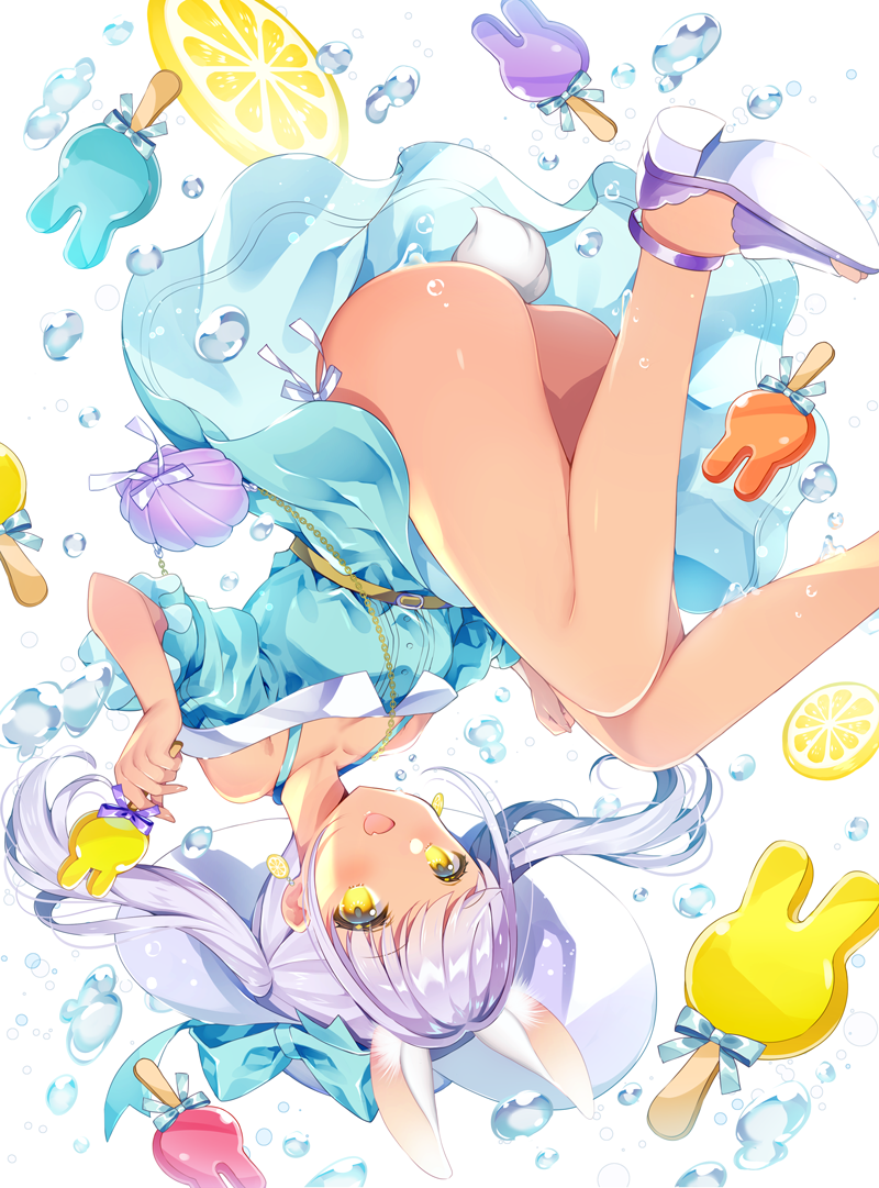 1girl :d animal_ears ass bag bangs bare_shoulders belt belt_buckle blue_dress blue_ribbon blush buckle bunny_tail collarbone commentary_request dress earrings extra_ears eyebrows_visible_through_hair fang feet_out_of_frame food food_themed_earrings fruit hat hat_ribbon holding holding_food jewelry lemon lemon_earrings lemon_slice long_hair looking_at_viewer off-shoulder_dress off_shoulder open_mouth original popsicle rabbit_ears ribbon sandals short_sleeves shoulder_bag silver_hair smile solo sun_hat tail twintails upside-down wasabi_(sekai) water_drop white_headwear yellow_eyes