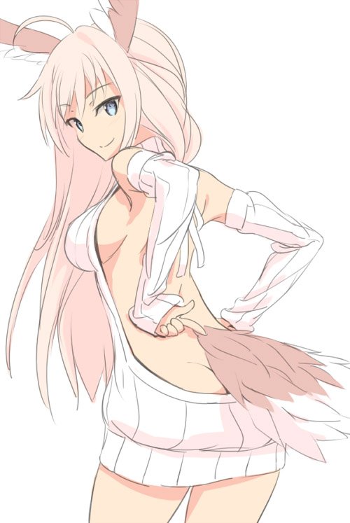 1girl arms_behind_back ass bird_tail blue_eyes breasts detached_sleeves feathers hanna-justina_marseille head_wings large_breasts long_hair meme_attire pink_hair sakuraidai sideboob sleeves_past_wrists solo strike_witches tail thighs virgin_killer_sweater white_background world_witches_series