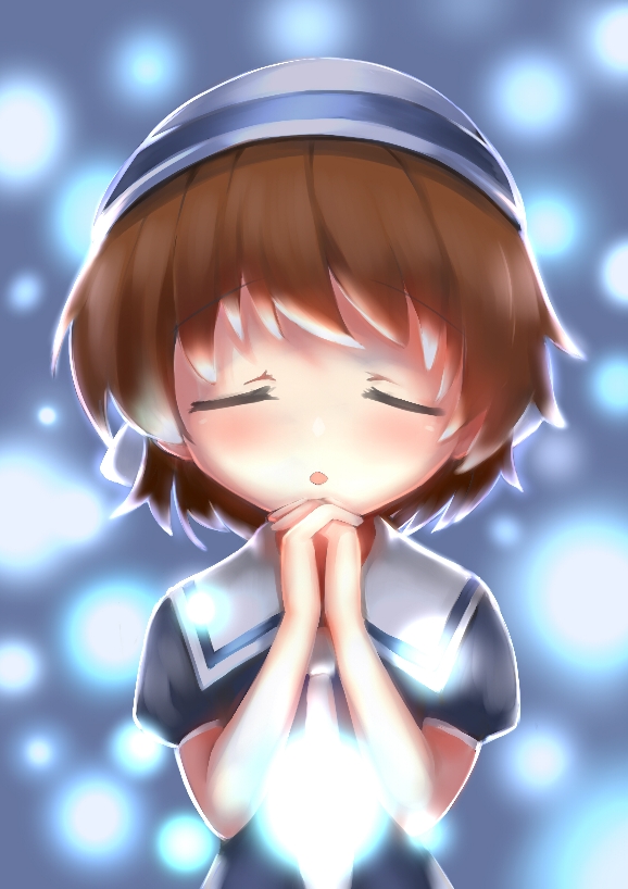 1girl blue_background blue_dress brown_eyes brown_hair child clannad closed_eyes commentary_request dress gounianjiang_zhouzi_w hands_clasped hat kyoto_animation no_nose okazaki_ushio orb own_hands_together praying sailor_collar sailor_dress school_uniform serafuku solo white_headwear white_sailor_collar