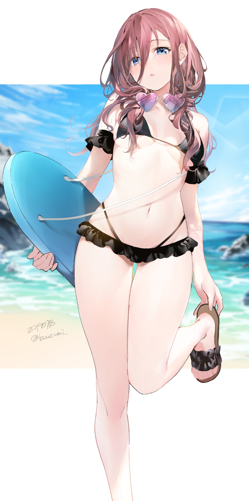 1girl adjusting_footwear bangs bare_shoulders bikini black_bikini blue_eyes blue_sky breasts brown_footwear brown_hair clouds cloudy_sky collarbone dated day eyebrows_visible_through_hair eyewear_around_neck frilled_bikini frills go-toubun_no_hanayome hair_between_eyes heart heart-shaped_eyewear highres holding long_hair looking_at_viewer medium_breasts nakano_miku navel parted_lips sandals sky solo standing standing_on_one_leg sunglasses swimsuit thigh_gap twitter_username umibouzu_(niito)