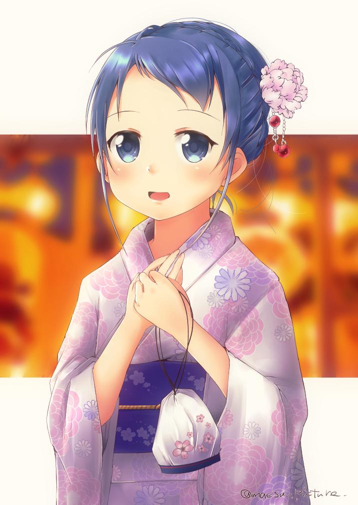 1girl alternate_costume alternate_hairstyle artist_name bag bangs blue_eyes blue_hair blurry blurry_background blush commentary_request flower hair_flower hair_ornament hair_up hands_together holding holding_bag japanese_clothes kantai_collection kimono long_sleeves looking_at_viewer mae_(maesanpicture) open_mouth samidare_(kantai_collection) short_hair solo swept_bangs wide_sleeves yukata