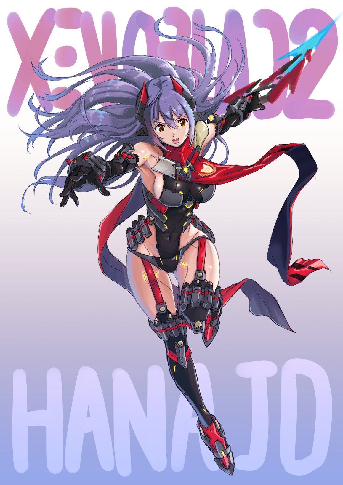 1girl android artist_request breasts covered_navel garter_straps gloves hana_(xenoblade) hana_jd highleg highleg_leotard highres large_breasts leotard long_hair looking_at_viewer orange_eyes purple_hair robot_joints scarf simple_background smile solo spoilers thigh-highs white_background xenoblade_(series) xenoblade_2 yellow_eyes