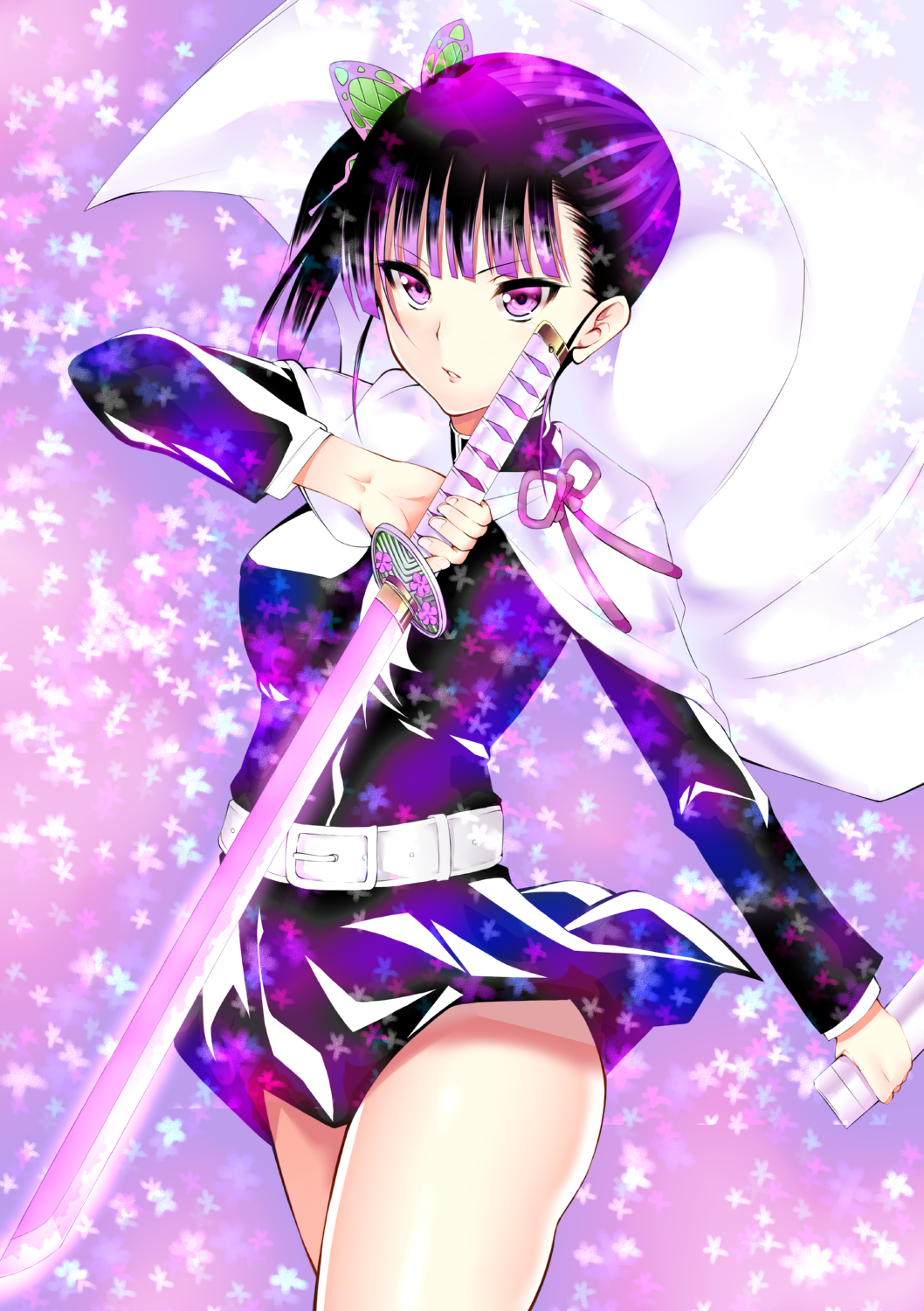 1girl bangs belt belt_buckle black_hair black_jacket black_skirt blunt_bangs buckle butterfly_hair_ornament cape cowboy_shot daive eyebrows_visible_through_hair hair_ornament highres holding holding_sword holding_weapon jacket kimetsu_no_yaiba long_sleeves military_jacket miniskirt multicolored_hair parted_lips pink_ribbon pleated_skirt purple_hair ribbon short_hair side_ponytail skirt solo standing sword tsuyuri_kanao two-tone_hair violet_eyes weapon white_belt white_cape