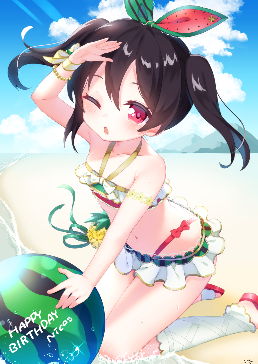 1girl ;o arm_up ball bare_arms bare_shoulders beach beachball bikini black_hair blue_sky blush bow clouds cloudy_sky collarbone commentary_request day frilled_bikini frills green_ribbon hair_ribbon highres kneeling koko_ne_(user_fpm6842) love_live! love_live!_school_idol_project navel one_eye_closed outdoors parted_lips polka_dot_ribbon red_bow red_eyes red_footwear red_ribbon ribbon sand sandals sidelocks sky solo sweat swimsuit twintails water yazawa_nico