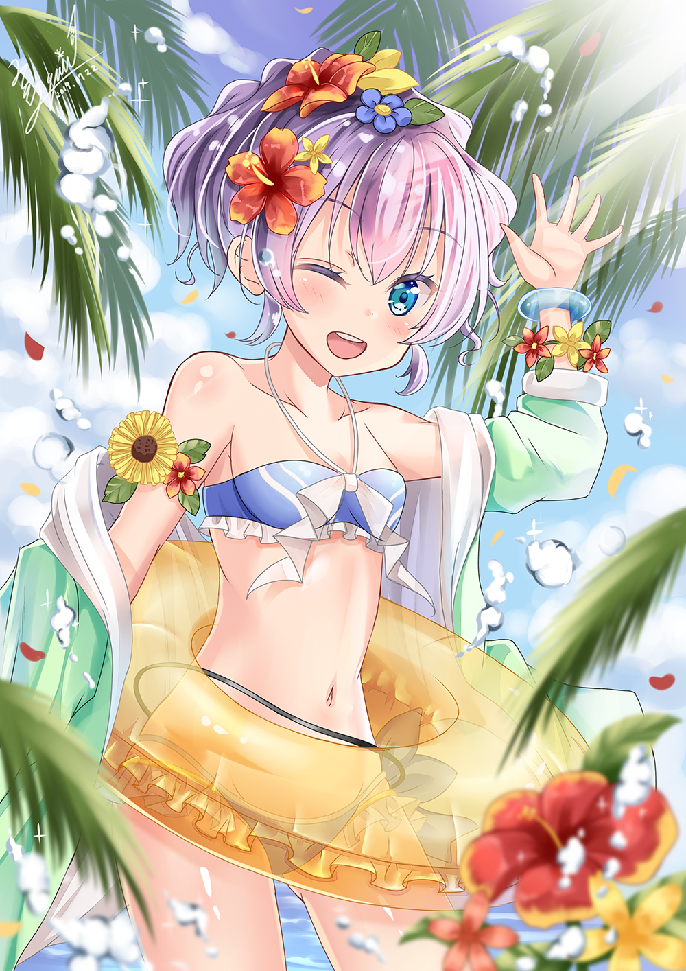 1girl azur_lane bangs bare_shoulders bikini blue_bikini blue_eyes bracelet breasts collarbone cowboy_shot day eyebrows_visible_through_hair flower frilled_bikini frills hair_flower hair_ornament highres innertube jacket jacket_over_swimsuit javelin_(azur_lane) javelin_(beach_picnic!)_(azur_lane) jewelry looking_at_viewer ocean off_shoulder one_eye_closed open_mouth outdoors palm_tree purple_hair quin_(himegata_alice) small_breasts smile solo standing swimsuit tree water_drop waving