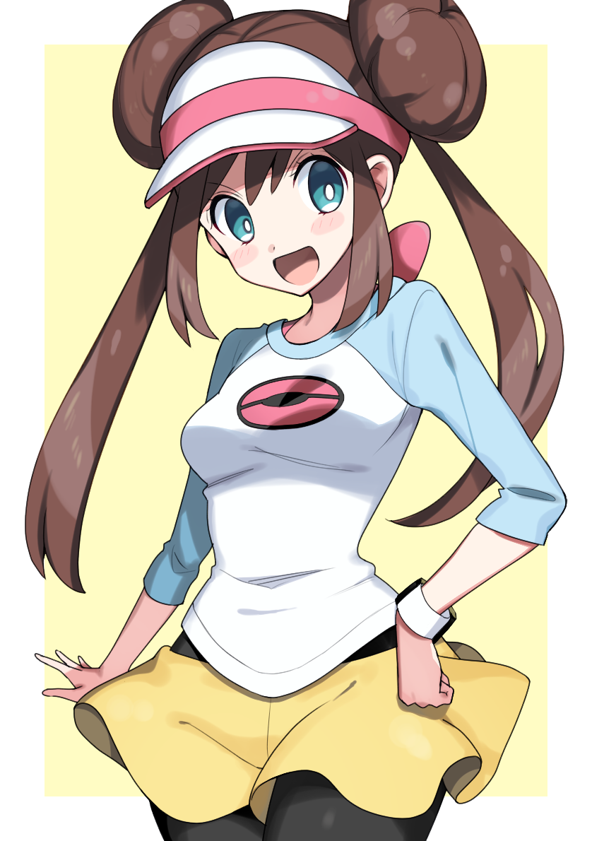 1girl :d black_legwear blue_eyes blue_sleeves blush breasts brown_hair cowboy_shot double_bun floating_hair hand_on_hip long_hair long_sleeves looking_at_viewer medium_breasts mei_(pokemon) miniskirt open_mouth pantyhose pleated_skirt poke_ball_print pokemon pokemon_(game) pokemon_bw2 print_shirt shirt skirt smile solo standing twintails visor_cap white_background white_shirt wristband yellow_skirt yuihiko