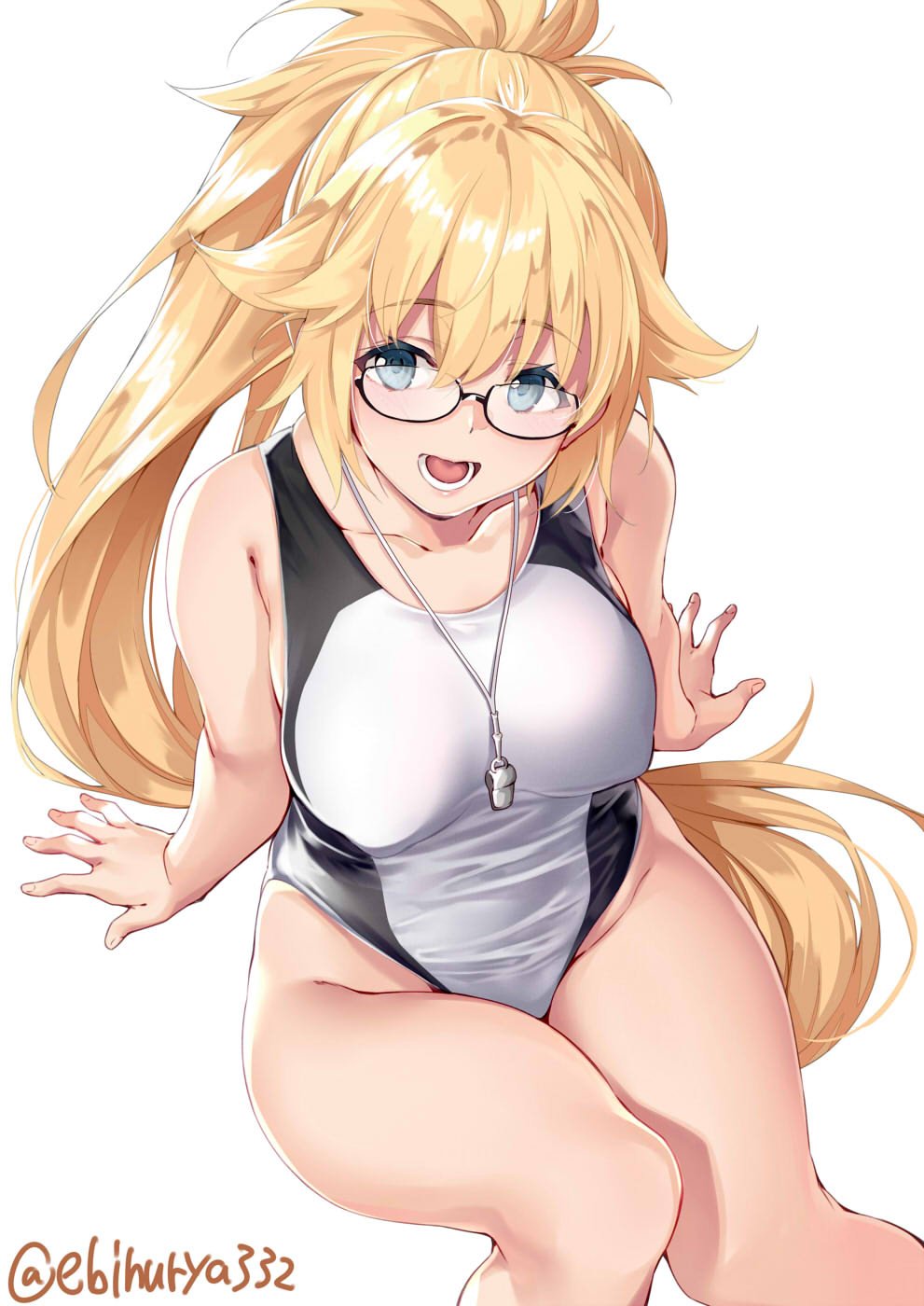 1girl bare_arms bare_legs bare_shoulders black-framed_eyewear blonde_hair blue_eyes commentary_request competition_swimsuit ebifurya fate/grand_order fate_(series) from_above glasses hair_between_eyes highleg highleg_swimsuit highres jeanne_d'arc_(fate)_(all) jeanne_d'arc_(swimsuit_archer) long_hair looking_at_viewer one-piece_swimsuit open_mouth ponytail solo swimsuit thighs very_long_hair whistle whistle_around_neck white_background white_swimsuit
