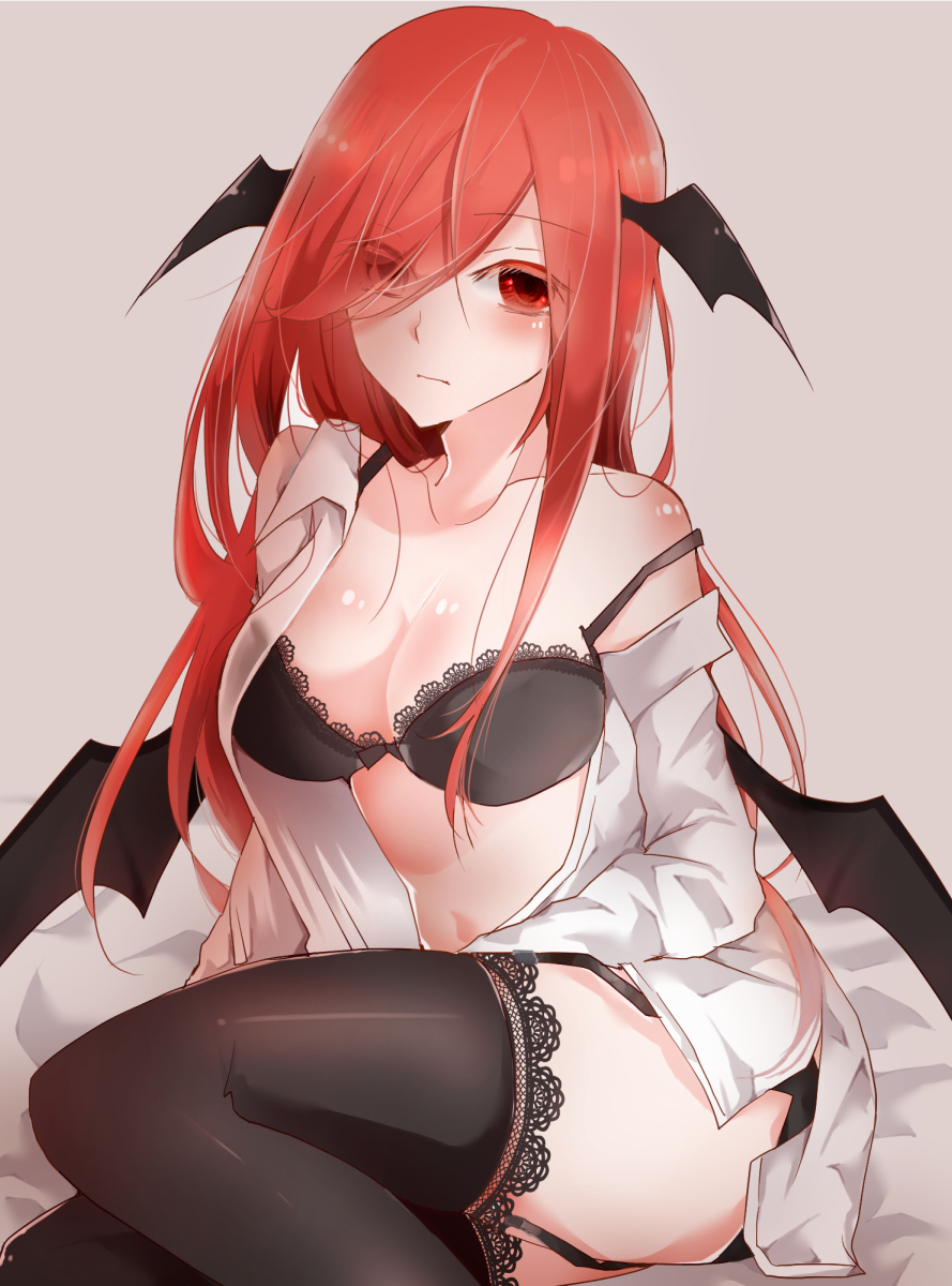 1girl bare_shoulders bed_sheet black_bra black_legwear blush bra collarbone commentary_request demon_wings eyebrows_visible_through_hair feet_out_of_frame garter_straps grey_background hair_over_one_eye head_wings highres koakuma lace lace-trimmed_bra lace-trimmed_legwear long_hair looking_at_viewer navel no_pants off_shoulder open_clothes open_shirt red_eyes redhead shibi1902 shirt sidelocks simple_background sitting solo stomach strap_slip thigh-highs thighs touhou underwear white_shirt wings