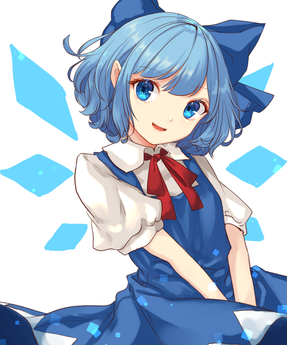 1girl :d bangs blue_bow blue_dress blue_eyes blue_hair bow chiyu_(kumataro0x0) cirno dress eyebrows_visible_through_hair hair_bow head_tilt highres looking_at_viewer neck_ribbon open_mouth pinafore_dress red_ribbon ribbon shiny shiny_hair shirt short_hair short_sleeves sleeveless sleeveless_dress smile solo swept_bangs touhou white_background white_shirt