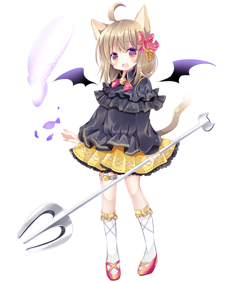 1girl :d ahoge animal_ears bangs bell black_shirt black_wings bow brown_eyes cat_ears cat_girl cat_tail collared_shirt detached_wings eyebrows_visible_through_hair frilled_skirt frills full_body hair_bow holding jingle_bell kneehighs long_sleeves looking_at_viewer mini_wings open_mouth original pink_bow pleated_skirt polearm puffy_long_sleeves puffy_sleeves red_footwear ribbon shikito shirt shoes simple_background skirt sleeves_past_wrists smile solo standing tail thigh_strap trident weapon white_background white_legwear wings yellow_ribbon yellow_skirt