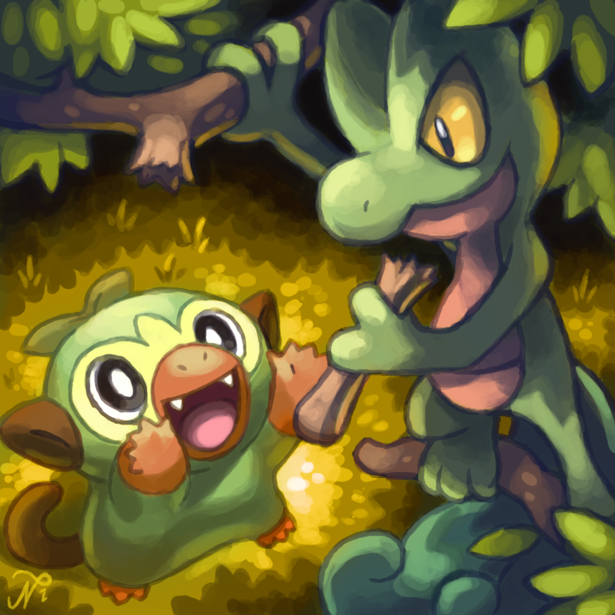 arms_up fangs forest gecko gen_3_pokemon gen_8_pokemon grookey looking_down looking_up monkey no_humans pokemon pokemon_(creature) pokemon_(game) smile stick tree_branch treecko xous54 yellow_sclera