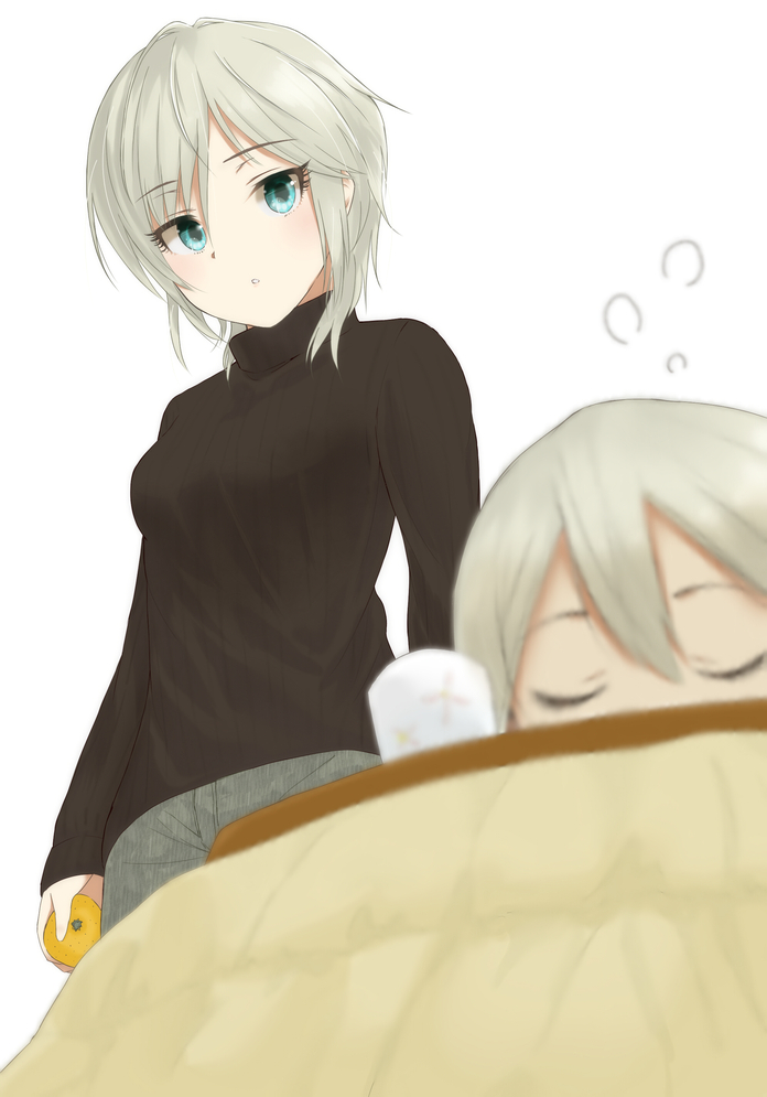 2girls :o anastasia_(idolmaster) black_shirt blue_eyes blush breasts closed_eyes eyebrows_visible_through_hair food fruit ginnote grey_hair grey_pants hair_between_eyes holding holding_food holding_fruit idolmaster idolmaster_cinderella_girls kotatsu long_sleeves multiple_girls orange pants shiomi_shuuko shirt short_hair sleeping small_breasts table