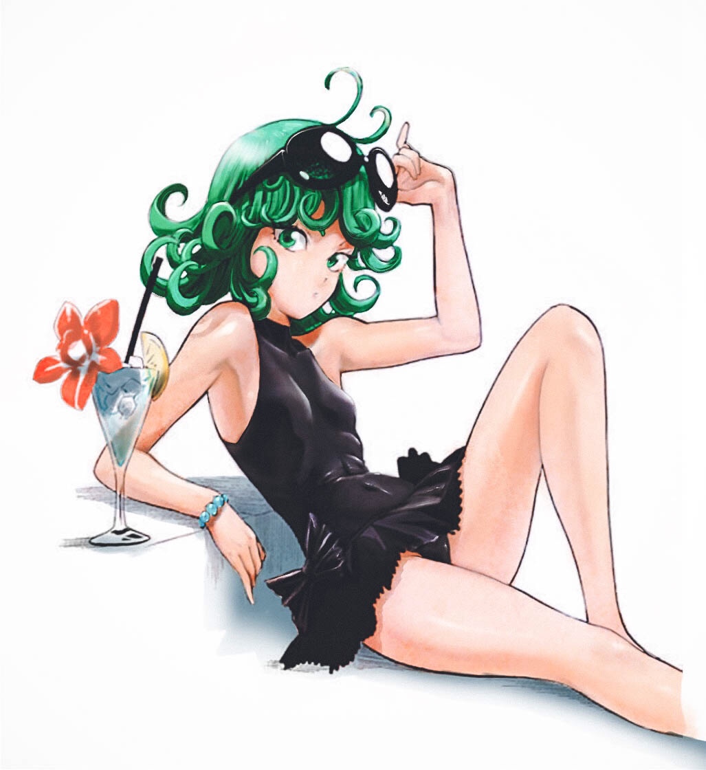 1girl adjusting_eyewear antenna_hair black-framed_eyewear black_swimsuit bracelet breasts casual_one-piece_swimsuit closed_mouth covered_navel drinking_straw eyewear_on_head flower glass gorilla(1844~) green_eyes green_hair jewelry looking_at_viewer medium_hair one-piece_swimsuit one-punch_man red_flower sideboob simple_background sitting small_breasts solo sunglasses swimsuit tatsumaki white_background