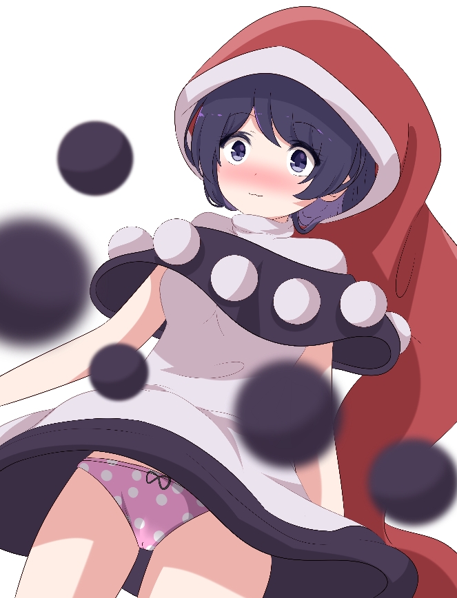 1girl :3 bangs black_capelet blue_eyes blue_hair blurry_foreground blush bow bow_panties breasts capelet commentary cowboy_shot doremy_sweet dress eyebrows_visible_through_hair hat looking_at_viewer medium_breasts nightcap nose_blush panties pantyshot pantyshot_(standing) pink_panties polka_dot polka_dot_panties pom_pom_(clothes) red_headwear short_hair simple_background solo standing thighs touhou underwear white_background white_dress yukome