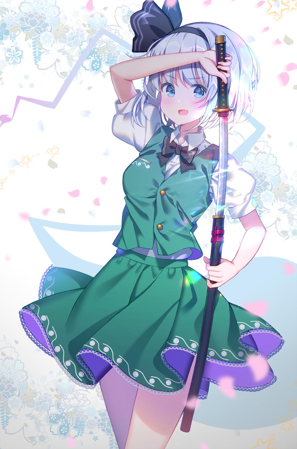 1girl :d arm_up black_bow black_hairband black_neckwear black_ribbon blue_eyes blush bow bowtie breasts commentary_request cowboy_shot green_skirt green_vest hair_ribbon hairband highres hitodama holding holding_sword holding_weapon katana konpaku_youmu konpaku_youmu_(ghost) koto_seori looking_at_viewer medium_breasts miniskirt open_mouth petals puffy_short_sleeves puffy_sleeves ribbon scabbard sheath shirt short_hair short_sleeves silver_hair skirt skirt_set smile solo standing sword thighs touhou unsheathing vest weapon white_background white_shirt