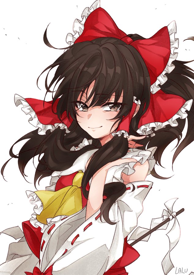 1girl artist_name ascot bangs bare_shoulders black_hair blush bow brown_eyes commentary_request detached_sleeves eyebrows_visible_through_hair frilled_ascot frilled_bow frilled_shirt_collar frills gohei hair_between_eyes hair_bow hair_tubes hakurei_reimu half_updo hand_up lalu long_hair long_sleeves looking_at_viewer red_bow red_skirt ribbon-trimmed_sleeves ribbon_trim sidelocks signature simple_background skirt skirt_set smile solo touhou upper_body white_background wide_sleeves yellow_neckwear