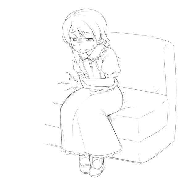 1girl bangs collared_dress couch dress eyebrows_visible_through_hair greyscale idolmaster idolmaster_cinderella_girls long_hair monochrome morikubo_nono on_couch parted_lips puffy_short_sleeves puffy_sleeves ringlets shoes short_sleeves simple_background sitting solo stomach_ache stomachache sweat ushi white_background